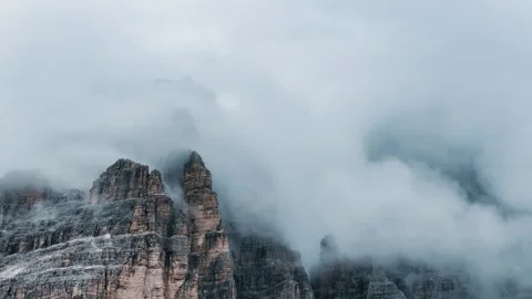 Tre Cime di Lavaredo Peaks Close View – Clouds and Dolomites Stock Footage 330437331