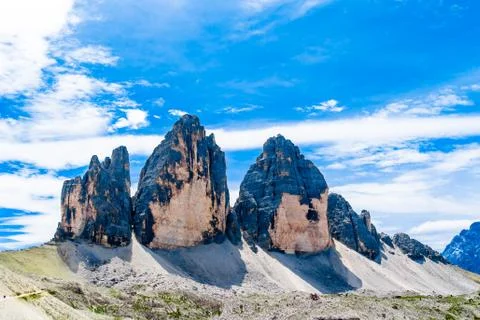 The Tre Cime di Lavaredo ( three peaks of Lavaredo) in the Italian Dolomites Stock Photos