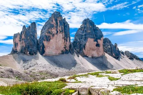 The Tre Cime di Lavaredo ( three peaks of Lavaredo) in the Italian Dolomites Stock Photos