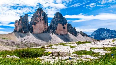 The Tre Cime di Lavaredo ( three peaks of Lavaredo) in the Italian Dolomites Stock Photos