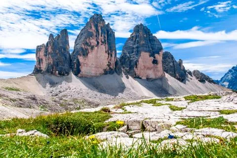 The Tre Cime di Lavaredo ( three peaks of Lavaredo) in the Italian Dolomites Stock Photos