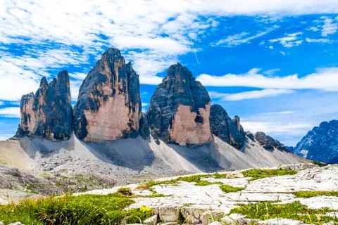 The Tre Cime di Lavaredo ( three peaks of Lavaredo) in the Italian Dolomites Stock Photos
