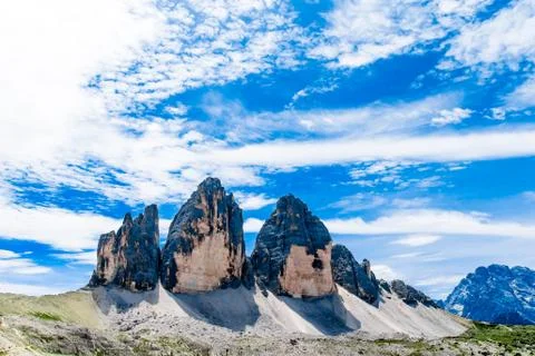 The Tre Cime di Lavaredo ( three peaks of Lavaredo) in the Italian Dolomites Stock Photos