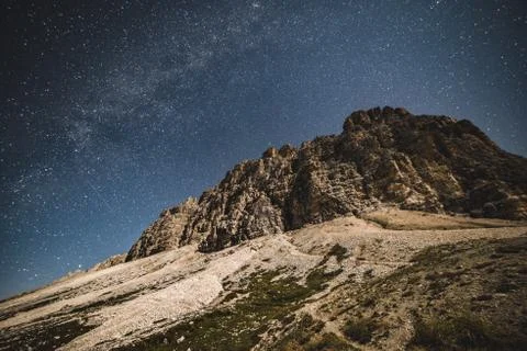 Tre Cime Dolomiti and night sky with galaxy Stock Photos
