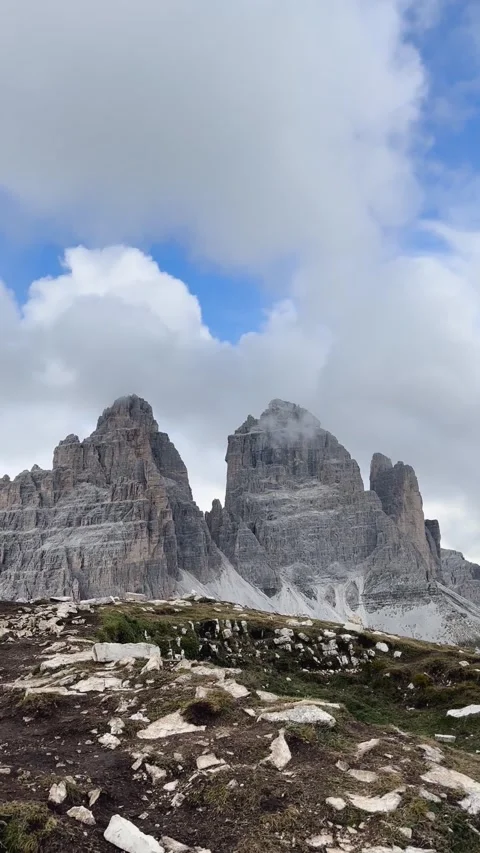 Tre Cime Peaks and Clouds – Epic Dolomites Landscape Stock Footage 330437373