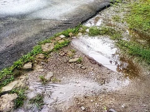 Tread Marks In Mud By Roadside After Storm 库存照片