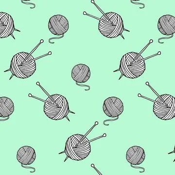 Tread with needles hand drawn set seamless pattern on blue background. Hand.. Stock Illustration