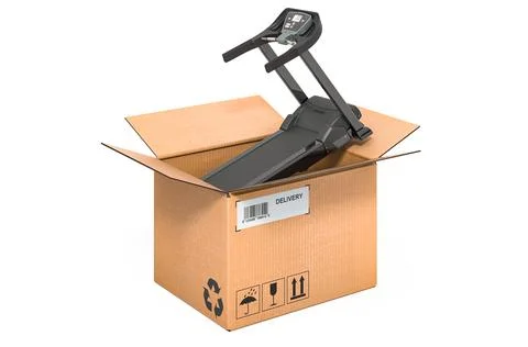 Treadmill inside cardboard box, delivery concept. 3D rendering Stock Illustration