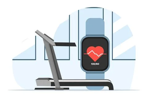 Treadmill Using An App On A Smart Watch To Record Health Conditions Heart Rate Stock Illustration