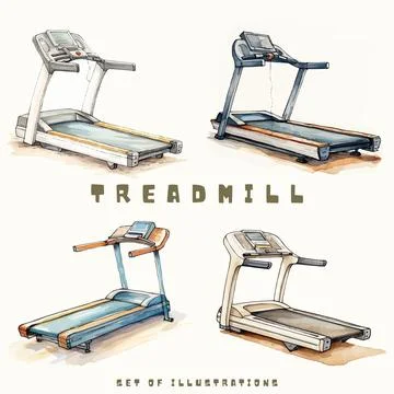 Treadmill vector illustration. Hand drawn set of different types of treadmills. Stock Illustration