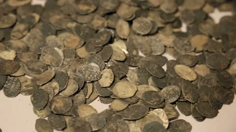 The treasure of ancient coins on the table Stock Footage 58869410