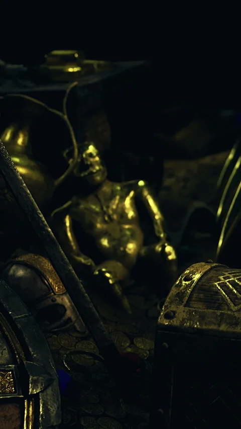 Treasure and artifacts in dark setting with bronze elements and coins Stock Footage 336166737