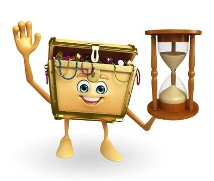 Treasure box character with sand clock Stock Illustration