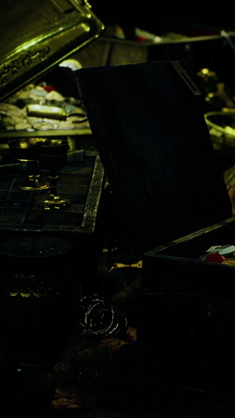 Treasure boxes and gold coins in a dark room with scattered items Stock Footage 334180310