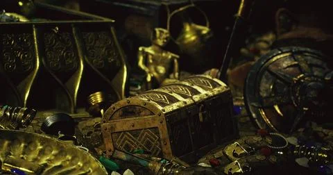 Treasure chest among ancient artifacts in dimly lit environment Illustration