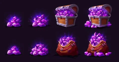 Treasure chest and bag with amethyst crystals Stock Illustration