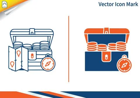 Treasure chest with coins map compass vector icon mark. Stock-Illustration