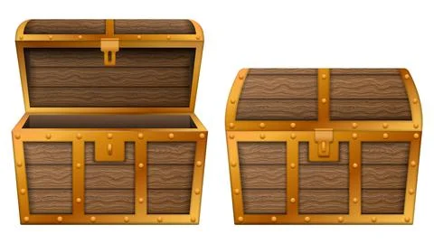 Treasure chest. Empty treasure box, open and closed medieval ancient wooden r Stock Illustration