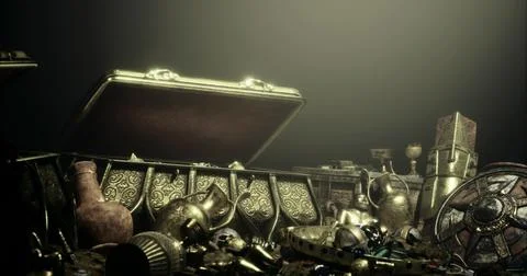 Treasure chest filled with ancient artifacts and valuables in dim light Illustration