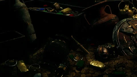 Treasure chest filled with coins, artifacts, and gems in a dark setting Stock Footage 345056689