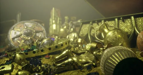 Treasure chest filled with gold artifacts and gemstones in a dim location Stock Footage 307115765