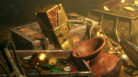 Treasure chest filled with gold artifacts and ancient items in a hidden cave Stock Footage 343938046