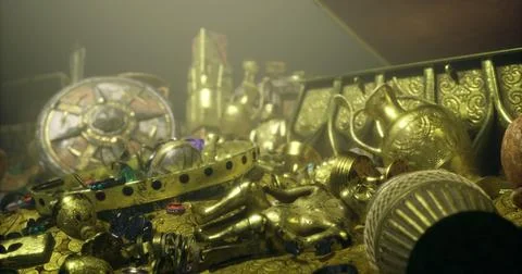 Treasure chest filled with gold artifacts and gemstones in a dim location Stock Illustration