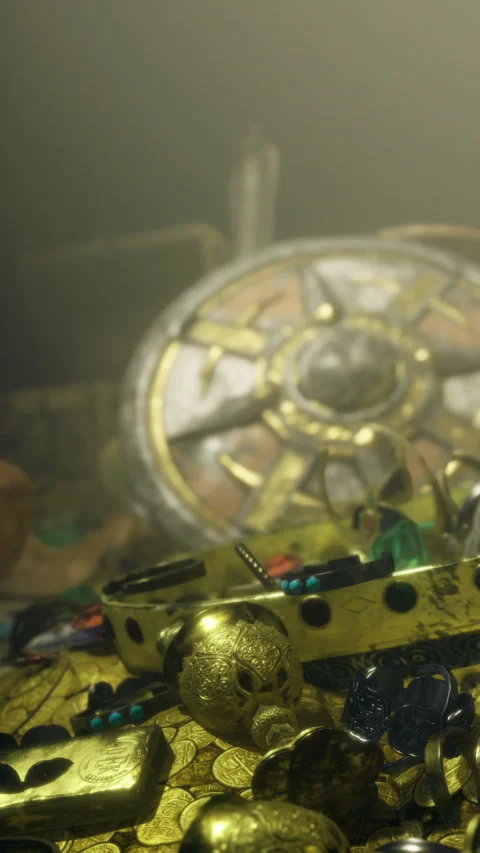 Treasure chest filled with gold items and jewels in underwater setting Stock Footage 334167576