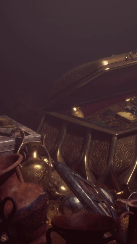Treasure chest filled with gold items and artifacts in dark setting Stock Footage 337992909