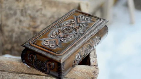 Treasure chest made in the background of an old house. The girl eagerly wants to Stock Footage 89719947