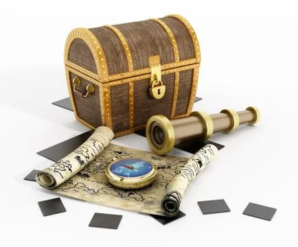 Treasure chest, map, compass and looking glass Stock Illustration