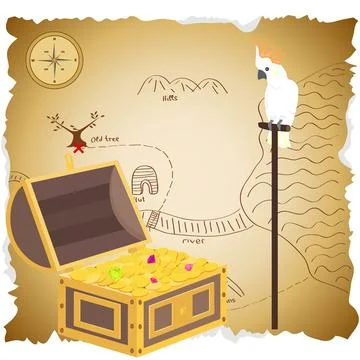 Treasure chest with map. Pirate treasure. Parrot Cockatoo sits イラスト素材