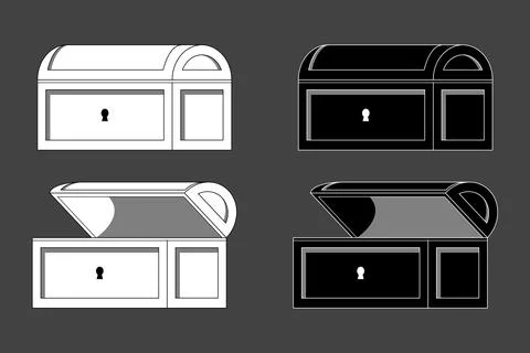 Treasure chest open and closed black white outline Stock Illustration