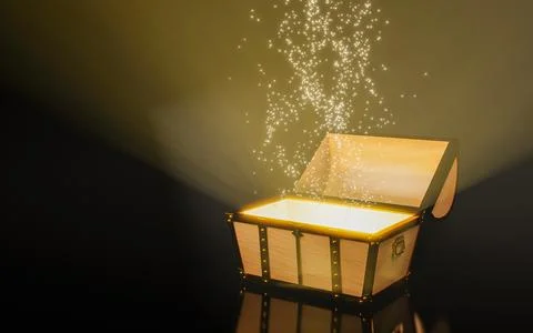 The treasure chest opened its lid and a golden light shone from within. Fan.. Stock Illustration