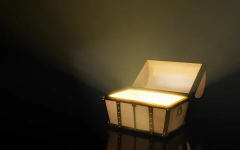 The treasure chest opened its lid and a golden light shone from within. Fan.. Stock Illustration
