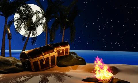 The treasure chest opened, the light shone, god ray. Pirate's treasure chest  Stock Illustration