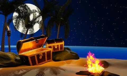 The treasure chest opened, the light shone, god ray. Pirate's treasure chest  Stock Illustration