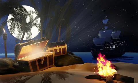 The treasure chest opened, the light shone, god ray. Pirate's treasure chest  Stock Illustration