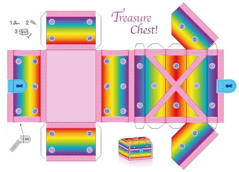 Treasure Chest Rainbow Colored Template Paper Model Sheet Trove Stock Illustration