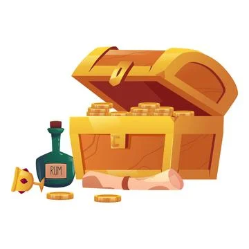 Treasure chest with Rum bottle, ancient paper scroll map and bejeweled glass 스톡 일러스트