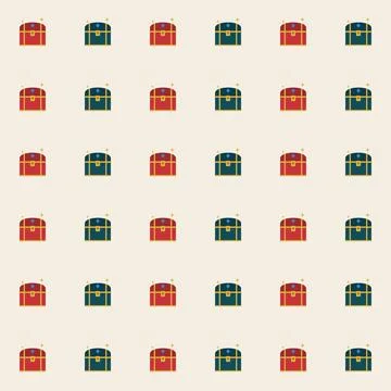 Treasure chest seamless pattern with red and teal coffers plus golden sparkles Stock Illustration