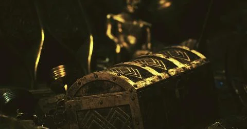 Treasure chest surrounded by ancient artifacts in a dark cavern setting Ilustración de archivo