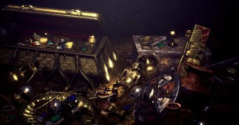 Treasure chest surrounded by gems and artifacts in a dimly lit setting Stock Illustration