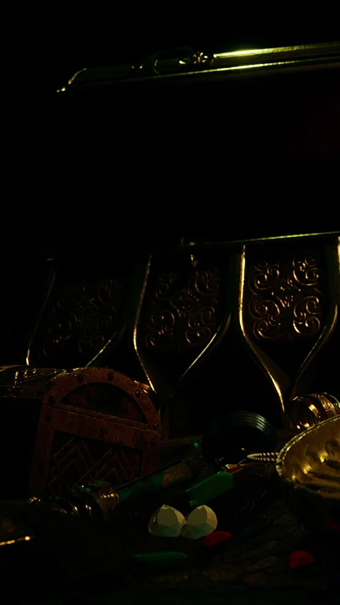 Treasure chest with various items on display in a dim room Stock Footage 342710628