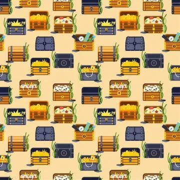 Treasure chest vector seamless pattern illustration Stock Illustration