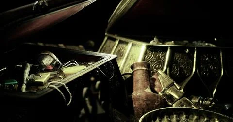 Treasure chests filled with ancient artifacts and jewels in dim light Illustration