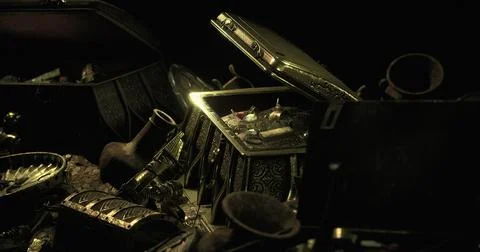 Treasure chests filled with ancient artifacts and gold items in dim lighting Illustration