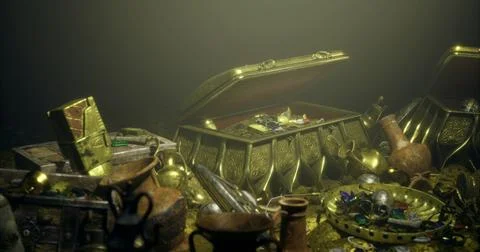 Treasure chests filled with ancient artifacts rest on ocean floor Illustration