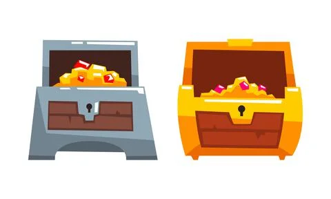 Treasure Chests Set, Opened Antique Chest Full of Gold and Precious Stones Stock Illustration
