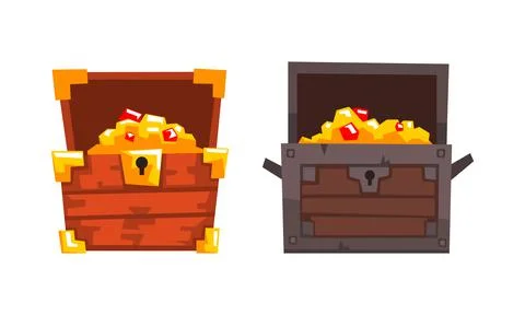 Treasure Chests Set, Opened Old Chest with Gold and Precious Stones Cartoon Stock Illustration